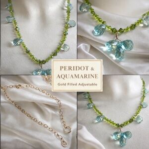 Elegant Peridot & Aquamarine Gold-Filled Adjustable 20”  Necklace Artisan Made